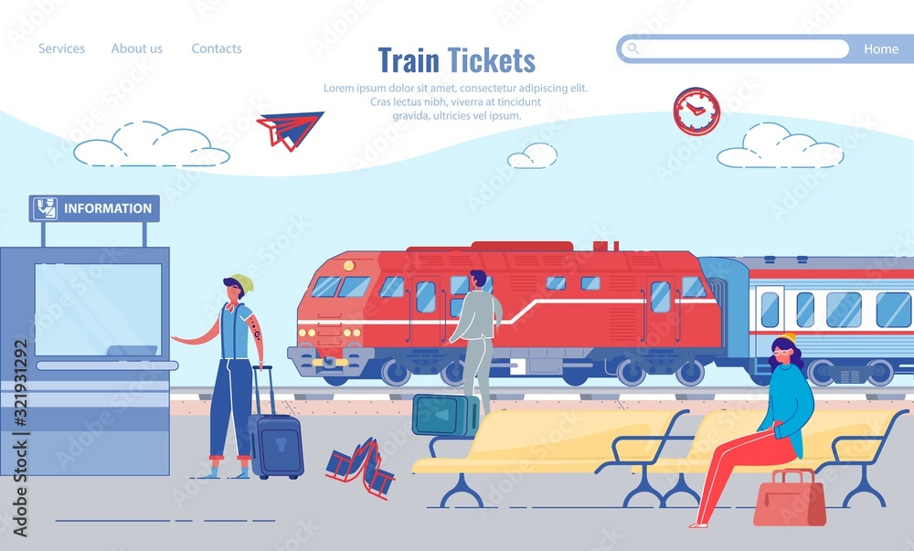 Buying Train Tickets for Train Station, Cartoon. Buying Train Tickets for Train Station, Cartoon.