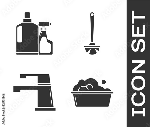 Set Plastic basin with soap suds , Plastic bottles for liquid dishwashing liquid, Water tap  and Toilet brush  icon. Vector
