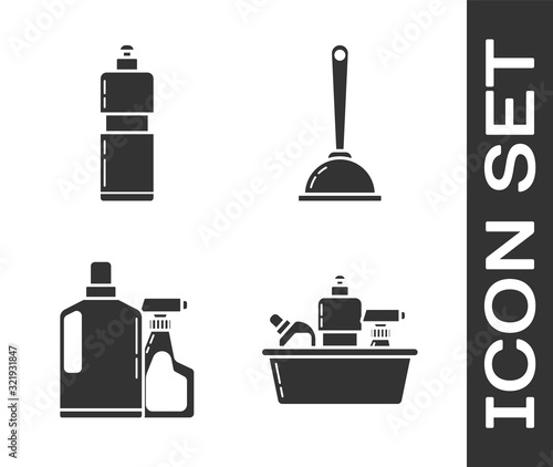 Set Plastic bottles for liquid dishwashing liquid and Toilet plunger icon. Vector