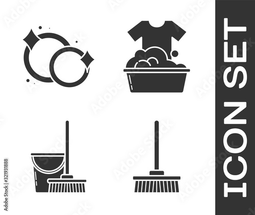 Set Mop , Washing dishes , Mop and bucket  and Plastic basin with soap suds  icon. Vector