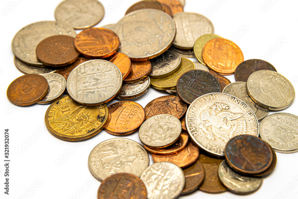 US dollars, cents on the white background. US dollars, cents on the white background.