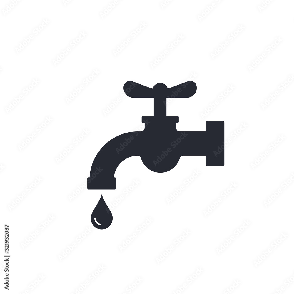 Water tap with falling drop icon. Vector water crane illustration flat design isolated on white background Water tap with falling drop icon. Vector water crane illustration flat design isolated on white background