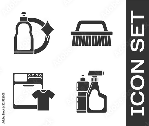 Set Plastic bottles for liquid dishwashing liquid, Plastic bottles for liquid dishwashing liquid, Washer and t-shirt  and Brush for cleaning  icon. Vector