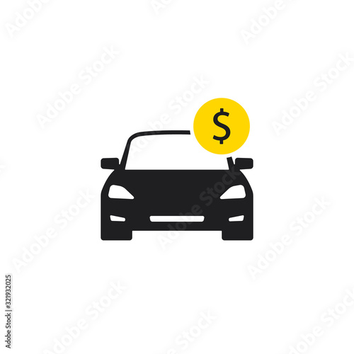 Car with coin icon. Buying car or pay concept in flat style. Vector isolated symbol