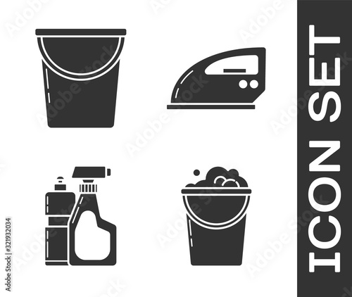 Set Bucket with foam and bubbles , Bucket , Plastic bottles for liquid dishwashing liquid and Electric iron  icon. Vector