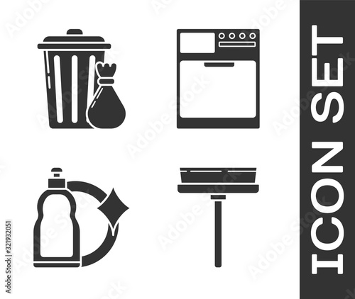 Set Squeegee, scraper, wiper, Trash can and garbage bag , Plastic bottles for liquid dishwashing liquid and Washer  icon. Vector