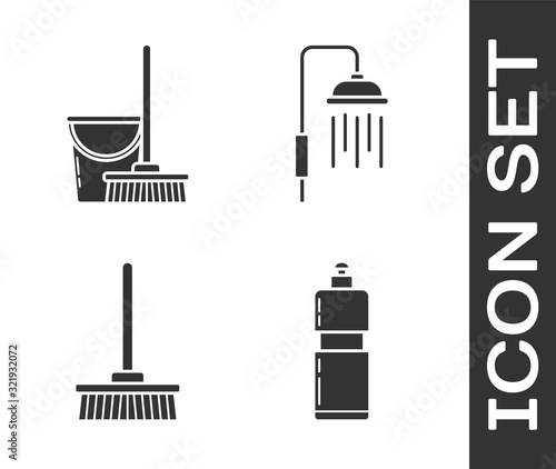 Set Plastic bottles for liquid dishwashing liquid, Mop and bucket , Mop  and Shower head with water drops flowing  icon. Vector