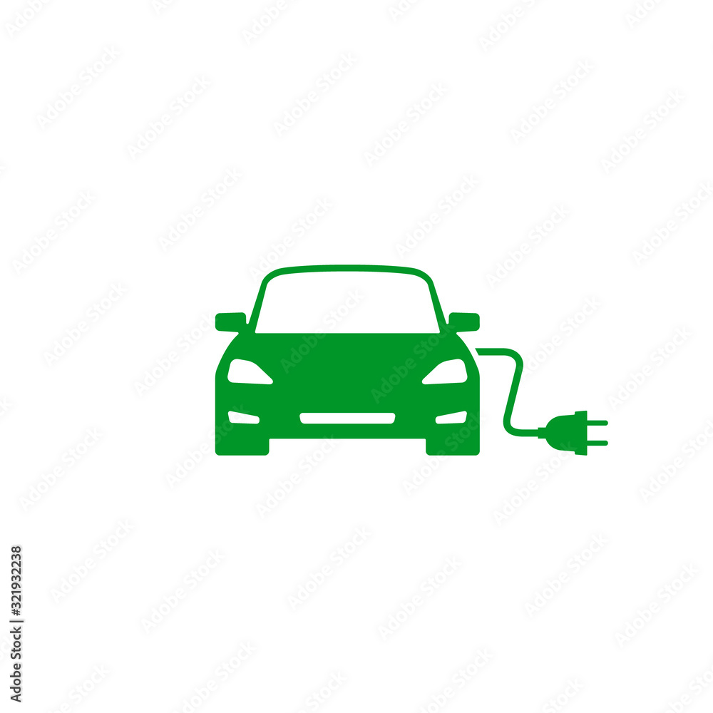 Electric car Icon, electro transport with plug and cabel sign. Vector isolated flat design illustration