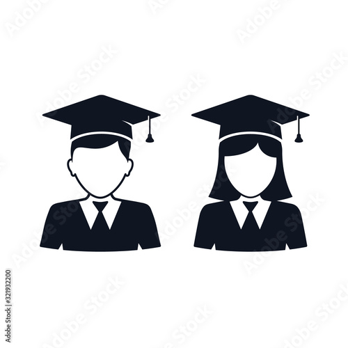 Graduate student girl and boy in square hat vector icon. Female and male in mortar hat and graduation academic wear