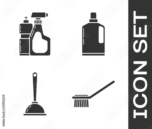 Set Toilet brush , Plastic bottles for liquid dishwashing liquid, Toilet plunger and Plastic bottles for liquid dishwashing liquid icon. Vector