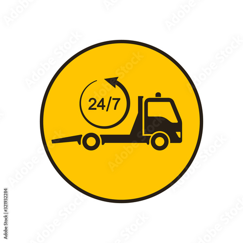 Tow truck icon, Towing truck advertising 24h sign. Vector isolated flat design illustration