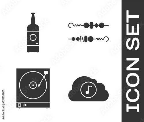 Set Music streaming service , Beer bottle , Vinyl player with a vinyl disk  and Grilled shish kebab icon. Vector