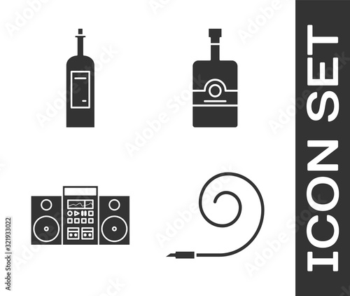 Set Birthday party horn , Bottle of wine , Home stereo with two speakers  and Whiskey bottle  icon. Vector
