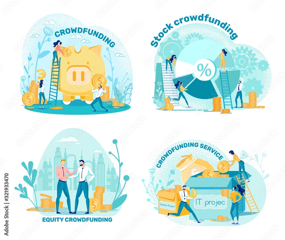 Crowd, Equity, Stockfunding and Service, Cartoon. Crowd, Equity, Stockfunding and Service, Cartoon.
