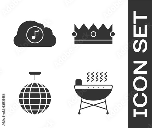 Set Barbecue grill , Music streaming service , Disco ball  and Crown  icon. Vector