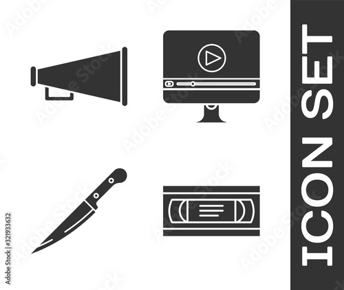 Set VHS video cassette tape , Megaphone , Knife  and Online play video  icon. Vector