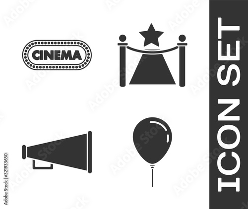 Set Balloon with ribbon , Cinema poster design template , Megaphone  and Carpet with barriers and star  icon. Vector