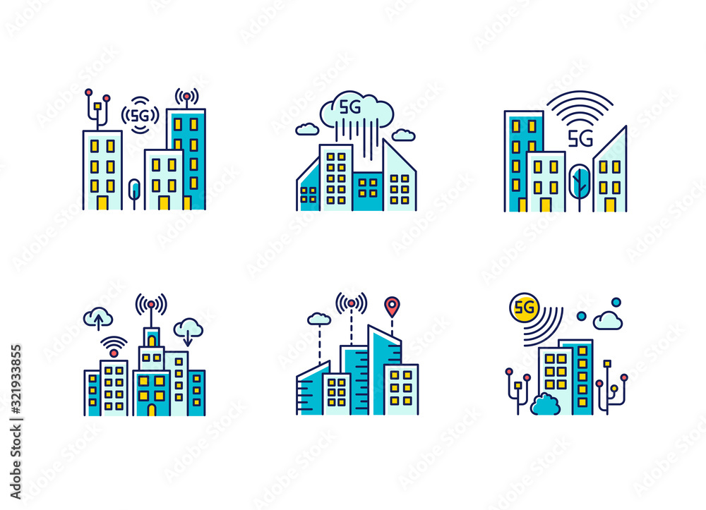 5G smart city RGB color icons set. Urban intelligence. Mobile cellular network coverage. Improved infrastructure. Wireless technology. Isolated vector illustrations 5G smart city RGB color icons set. Urban intelligence. Mobile cellular network coverage. Improved infrastructure. Wireless technology. Isolated vector illustrations