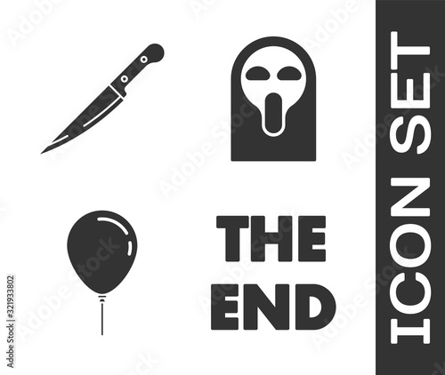 Set The End handwritten inscription , Knife , Balloon with ribbon  and Funny and scary ghost mask icon. Vector