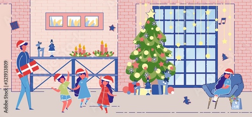 Man Holding Gift Box Entering Room with Children