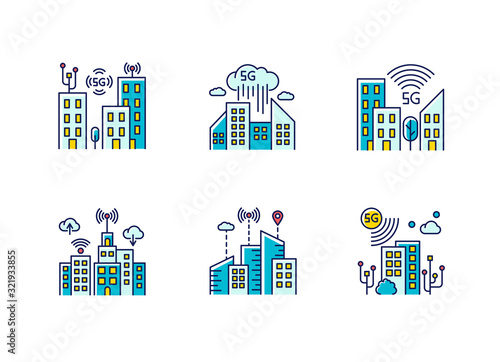 5G smart city RGB color icons set. Urban intelligence. Mobile cellular network coverage. Improved infrastructure. Wireless technology. Isolated vector illustrations