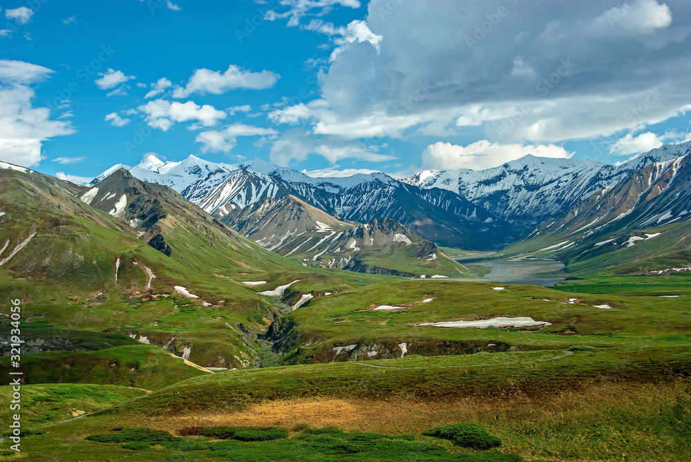 Mountains of Denali National Park and Preserve in the state of Alaska during early summer. It encompasses 6 million acres of Alaska’s interior wilderness. 