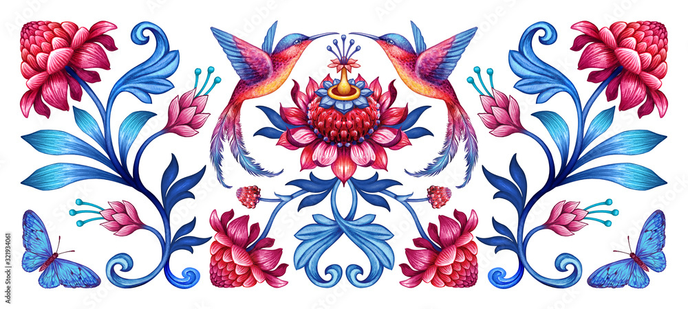 Obraz cyfrowa ilustracja, abstrakcyjny wzór kwiatowy z ptakami, motyw czerwony niebieski folklor na białym tle, akwarela tekstury, poziomy botaniczny design, nowoczesny druk mody
