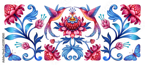 Fotografie, Tablou digital illustration, abstract floral pattern with birds, red blue folklore moti