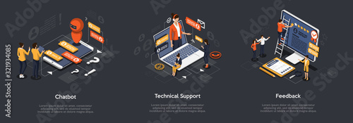 Isometric Set Of Chatbot, Technical Support And Feedback. 3d Isometric Illustration Of Digital Marketing. Vector illustration