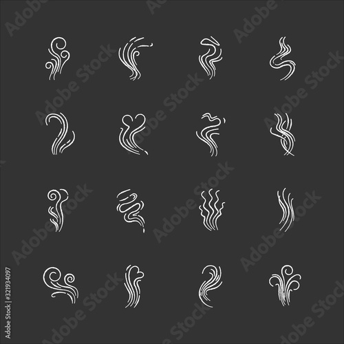Odor chalk white icons set on black background. Good and bad smell. Heart shape odour  fluid  perfume scent. Evaporation flow. Aromatic fragrance. Fume swirls. Isolated vector chalkboard illustrations