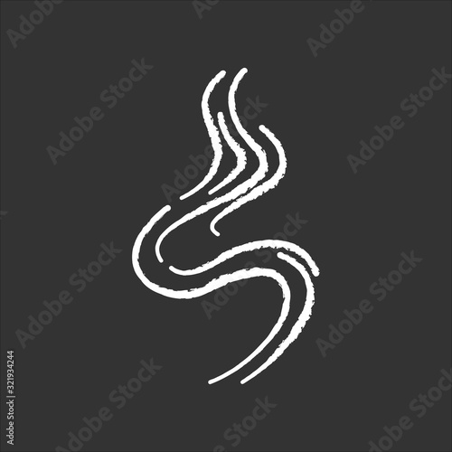 Odor chalk white icon on black background. Good smell. Aroma swirl, nice perfume scent wave. Aromatic fragrance flowing spirals, wind. Smoke puff, evaporation. Isolated vector chalkboard illustration
