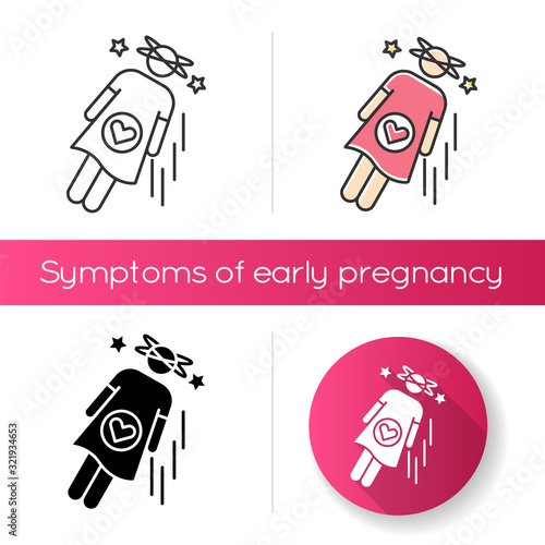 Fainting icon. Symptom of early pregnancy. Pregnant woman falling unconscious. Hormonal imbalance. Person experience vertigo. Linear black and RGB color styles. Isolated vector illustrations