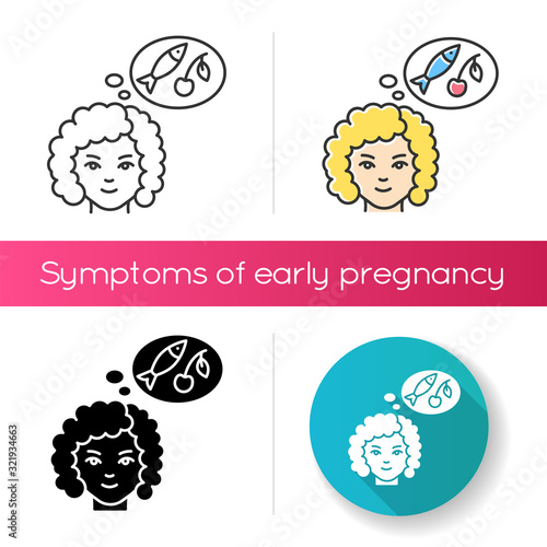Food craving icon. Woman on healthy diet. Lady with appetite for fish and fruit. Pregnant lady hungry. Early pregnancy symptom. Linear black and RGB color styles. Isolated vector illustrations