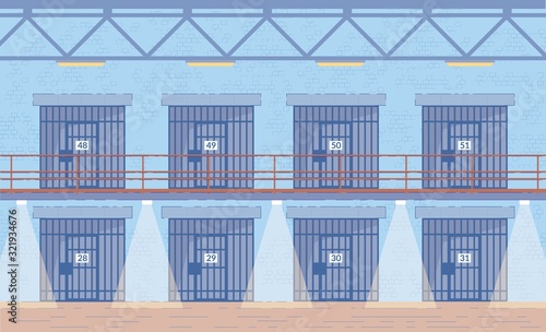 Prison Corridors Cells Doors Vector Background.
