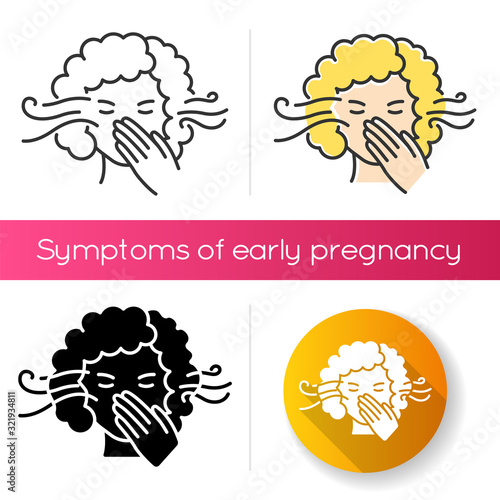 Smell sensitivity icon. Early symptom of pregnancy. Woman with allergy. Bad breath. Person covering mouth. Hygiene and sanitation. Linear black and RGB color styles. Isolated vector illustrations