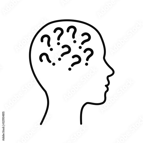 Big head with question marks inside brain icon – stock vector