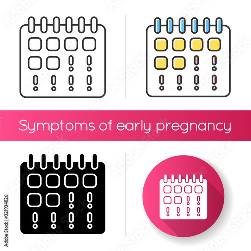 Missed period icon. Early symptom of pregnancy. Menstruation calendar. Regular monthly period. Schedule tracking. Mark date. Linear black and RGB color styles. Isolated vector illustrations