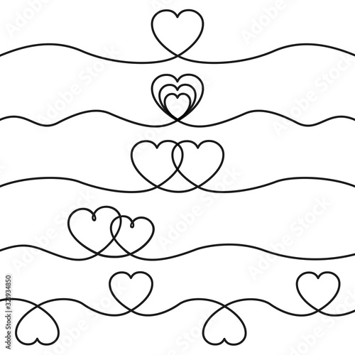 Set of seamless сontinuous line in heart shape border for valentines, mother day, women greeting invitation - stock vector