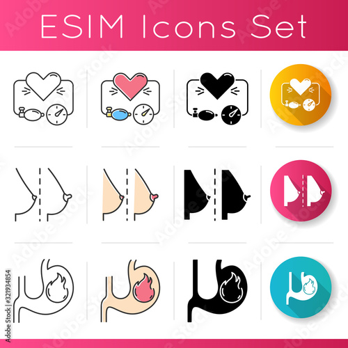 Symptoms of early pregnancy icons set. High blood pressure. Change in nipples and breasts. Heartburn, stomachache. Linear, black and RGB color styles. Isolated vector illustrations