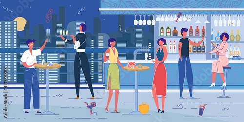 Rooftop Bar or Nightclub Furnishing and Visitors.