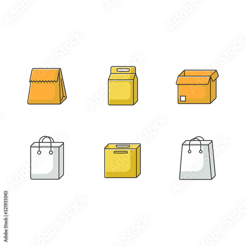 Paper food packages yellow RGB color icons set. Cardboard boxes, carton bags for products, meal. Disposable containers for lunch, grocery. Isolated vector illustrations