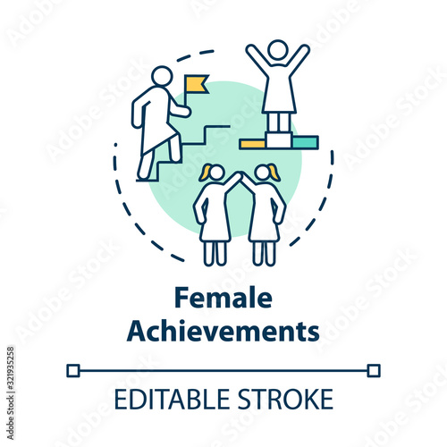 Female achievements concept icon. Womens accomplishments. Professional success. Feminism. Woman power idea thin line illustration. Vector isolated outline RGB color drawing. Editable stroke