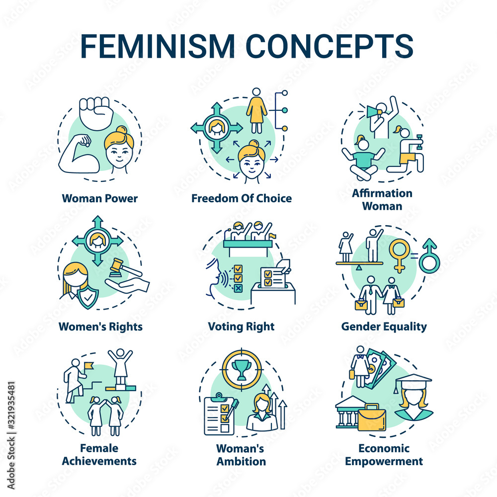 Feminism concept icons set. Sex discrimination. Gender equality. Woman power. Feminist movement. Womens rights idea thin line RGB color illustrations. Vector isolated outline drawing. Editable stroke