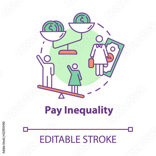 Pay inequality concept icon. Compensation discrimination. Salary inequity. Workplace fairness. Gender pay gap idea thin line illustration. Vector isolated outline RGB color drawing. Editable stroke