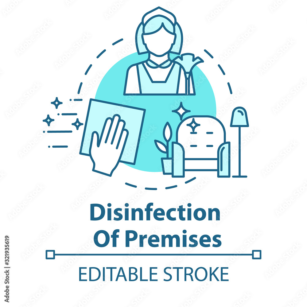 Disinfection of premises concept icon. Flu precaution. Cleaning service. Hand wiping furniture. Housework idea thin line illustration. Vector isolated outline RGB color drawing. Editable stroke Disinfection of premises concept icon. Flu precaution. Cleaning service. Hand wiping furniture. Housework idea thin line illustration. Vector isolated outline RGB color drawing. Editable stroke