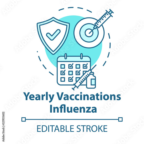 Yearly vaccination for influenza concept icon. Clinic appointment. Healthcare treatment. Flu virus idea thin line illustration. Vector isolated outline RGB color drawing. Editable stroke