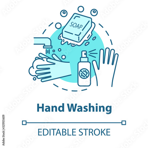 Hand washing concept icon. Protection from virus. Rinsing with water. Cleaning with soap. Hygiene idea thin line illustration. Vector isolated outline RGB color drawing. Editable stroke