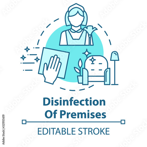 Disinfection of premises concept icon. Flu precaution. Cleaning service. Hand wiping furniture. Housework idea thin line illustration. Vector isolated outline RGB color drawing. Editable stroke