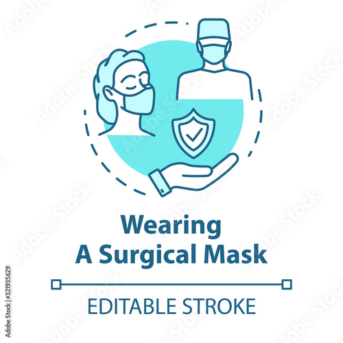 Wearing surgical mask concept icon. Contegious virus protection. Operation aid. Influenza prevention idea thin line illustration. Vector isolated outline RGB color drawing. Editable stroke