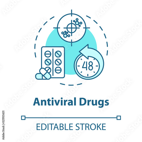 Antiviral drug concept icon. Capsules for illness. Tablets for disease. Medication for flu. Influenza idea thin line illustration. Vector isolated outline RGB color drawing. Editable stroke